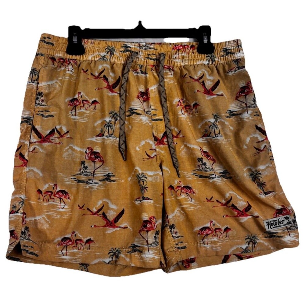 Howler Brothers Flamingo Tropical Swim Trunks Shorts Mens Size Small Beige